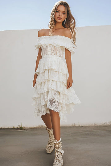 White Lace Tiered Off the Shoulder A Line Midi Graduation Dress